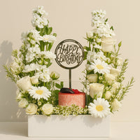 Elegant Birthday Flower Arrangement with Red Velvet Mono Cake