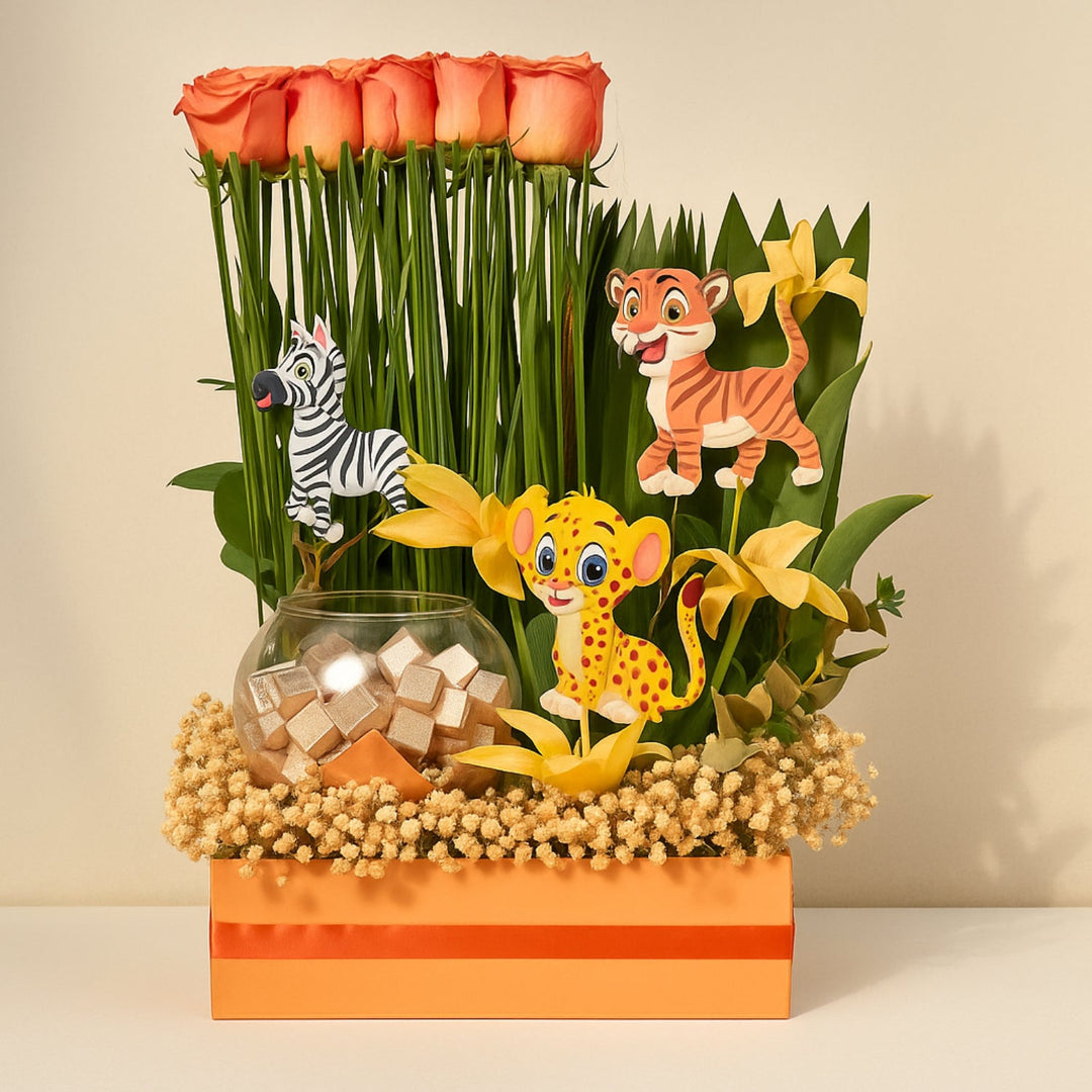 هدية ساحرة للمولود الجديد: ورود برتقالية وتوليب وشوكولاتة في صندوق خشبي