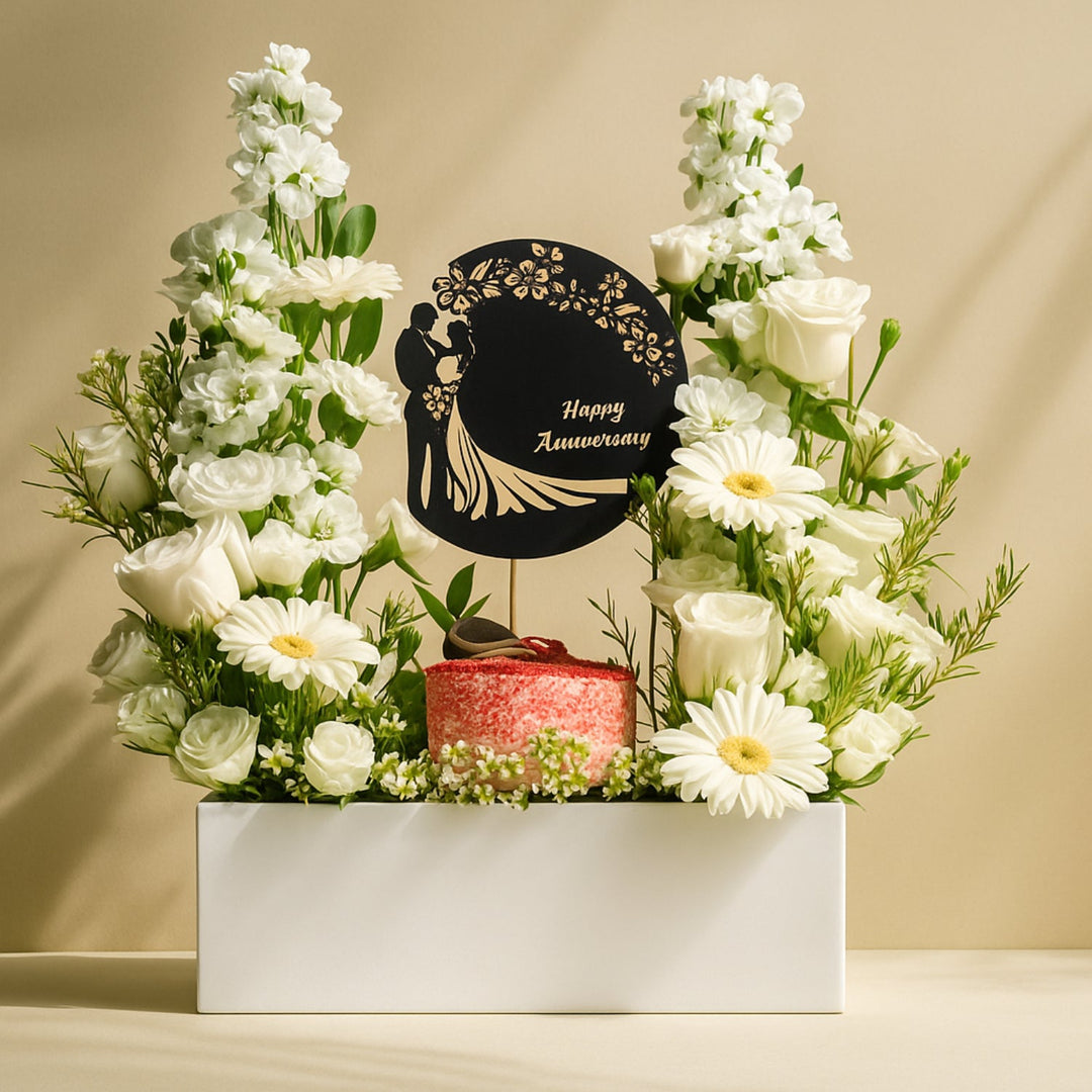 Elegant Anniversary Floral Arrangement with Red Velvet Cake