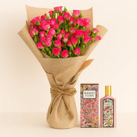 Elegant Floral Bliss: Dark Pink Spray Roses & Gucci Flora Perfume
