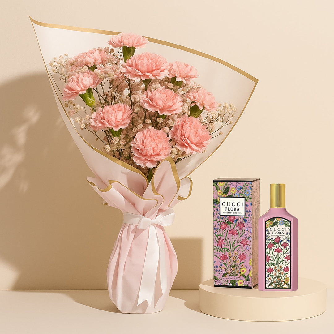 باقة أزهار القرنفل الوردي الأنيقة مع عطر غوتشي فلورا
