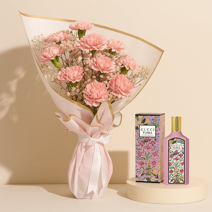 Elegant Pink Carnation Bouquet with Gucci Flora Essence