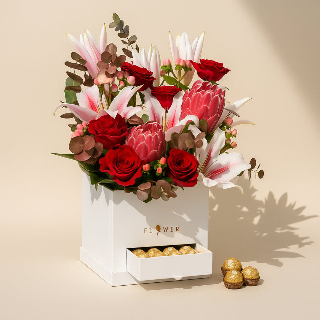 Sweet Nothings Gift Box: Luxurious Floral Arrangement with Chocolates