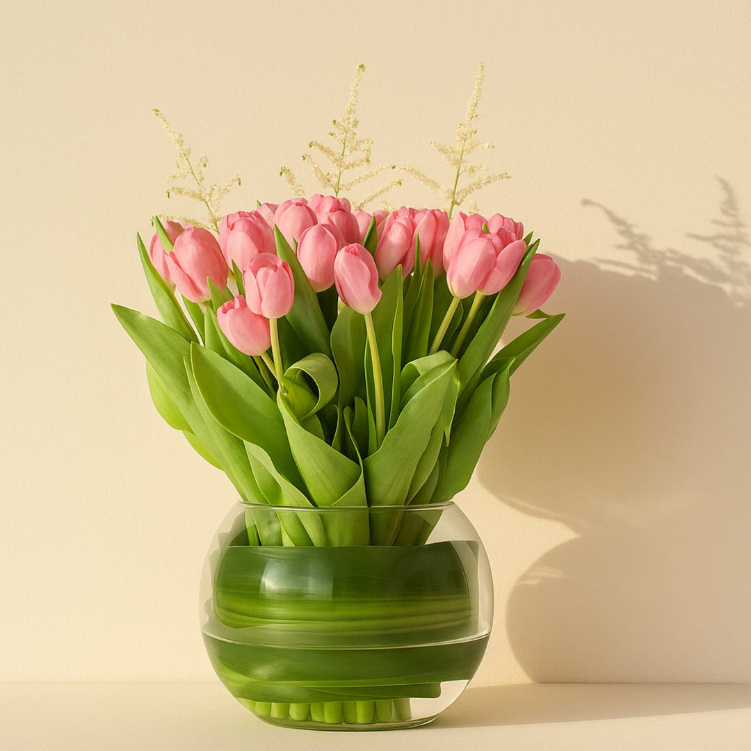 Exquisite Pink Tulips in Fish Bowl Vase