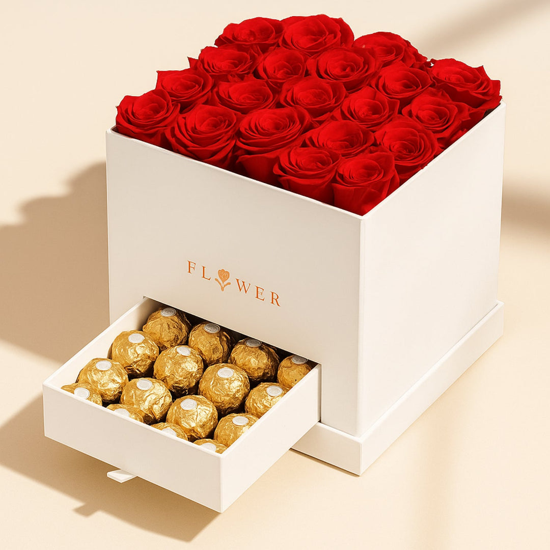 Luxurious Classic Red Roses with Ferrero Rocher in an Elegant White Box