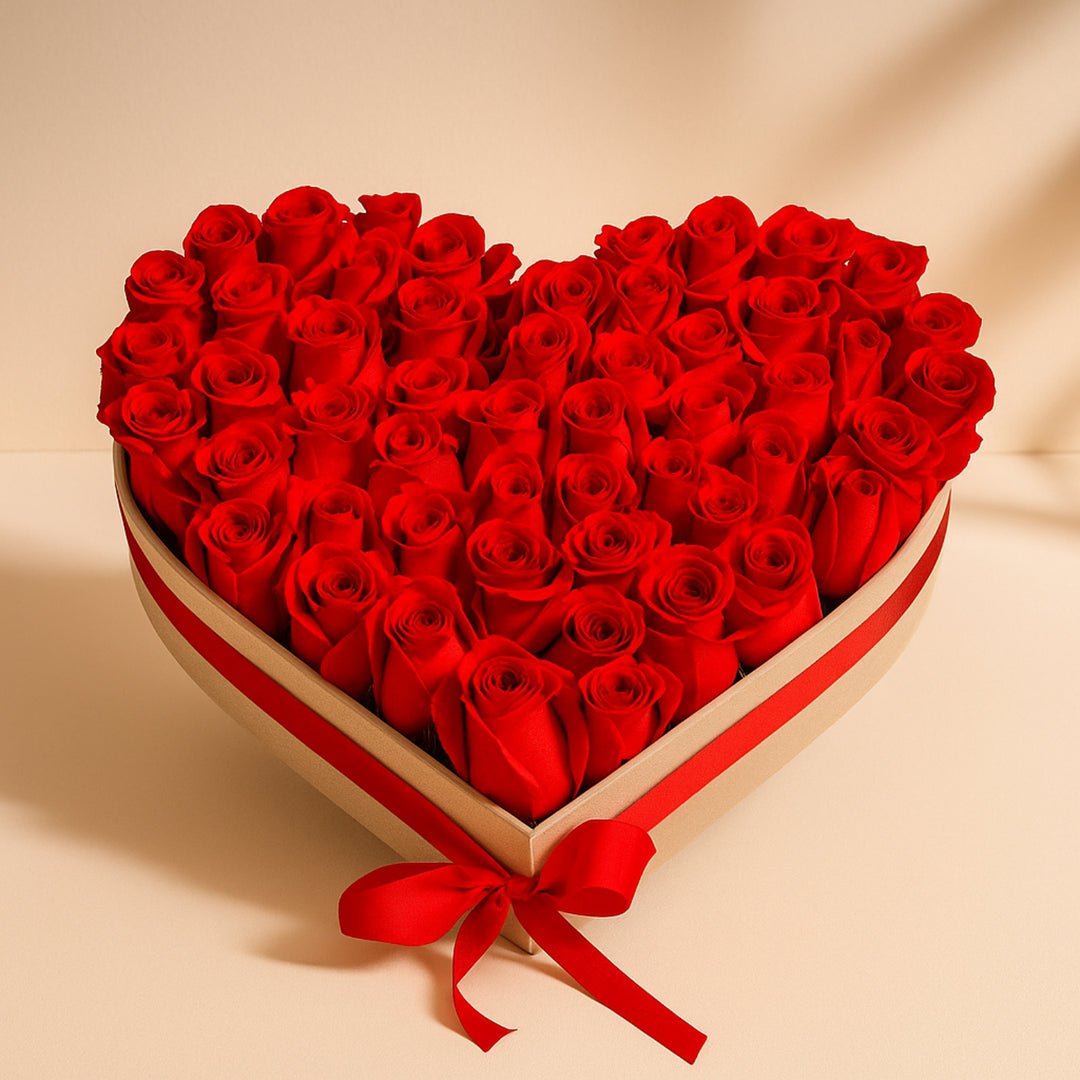 Elegant Heart-Shaped Wooden Tray with 50 Red Roses