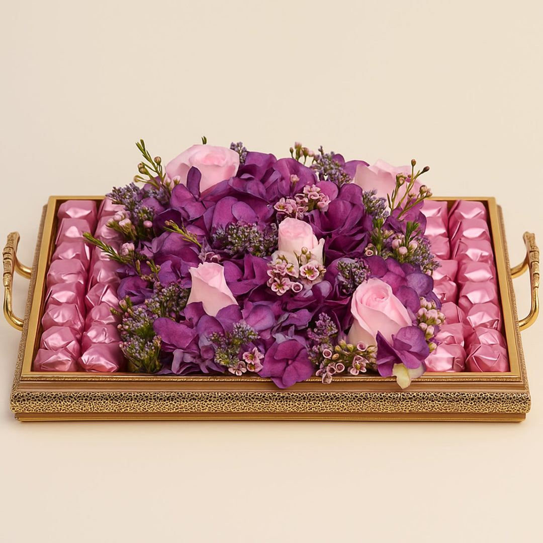 Elegant Mixed Flowers and Chocolates on a Luxurious Golden Tray