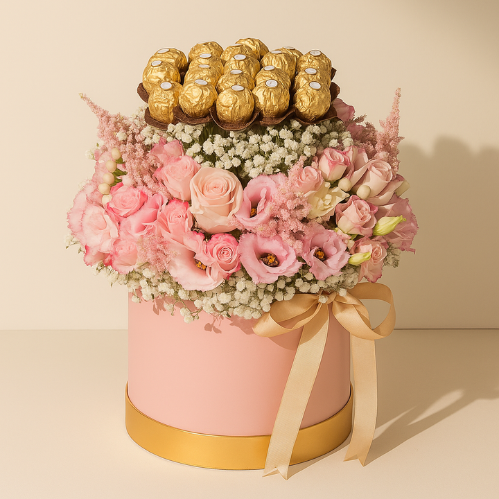 Elegant Pink Flower Arrangement with Ferrero Rocher in a Luxurious Box