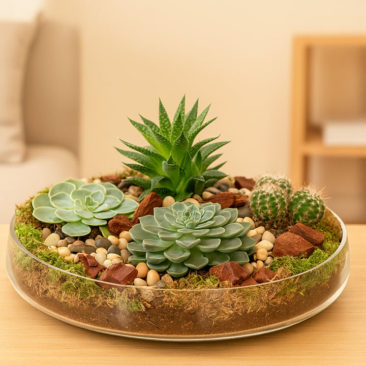 Elegant Succulent Plants in a Decorative Glass Tray for Home Decor