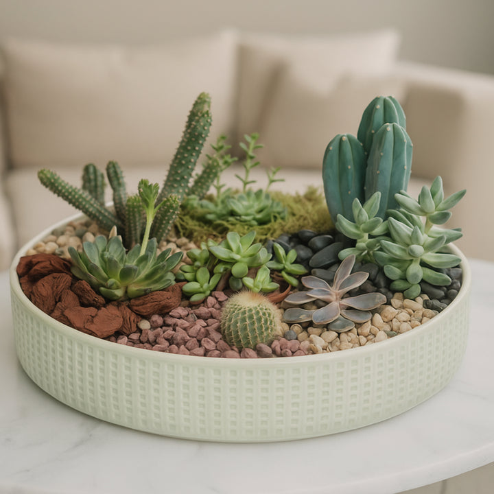 Elegant Cactus & Echeveria Arrangement in a Stylish Ceramic Tray