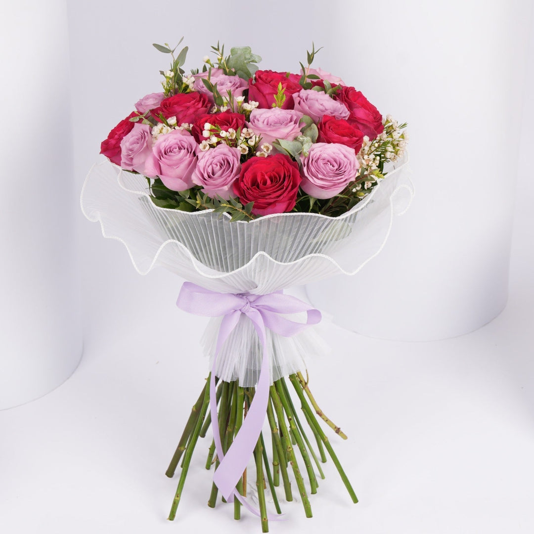 Elegant Mixed Color Fresh Roses Bouquet with Purple Ribbon