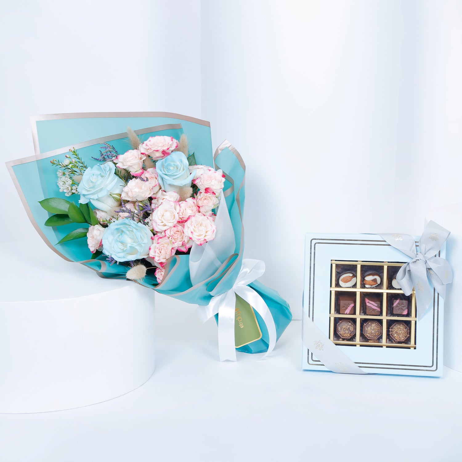 Empire Chocolate | Baby Blue Chocolate Box 25 Assorted Pieces & Hand Bouquet