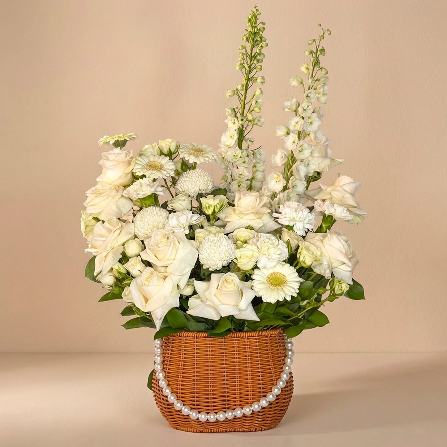 Serenity in Bloom: Elegant White Floral Basket