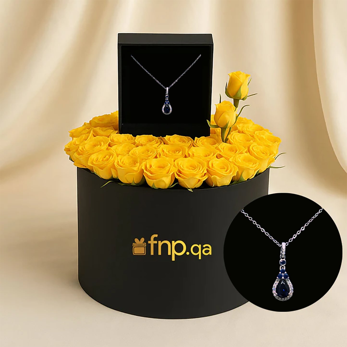 The Sapphire Glow Necklace with Elegant Yellow Rose Box