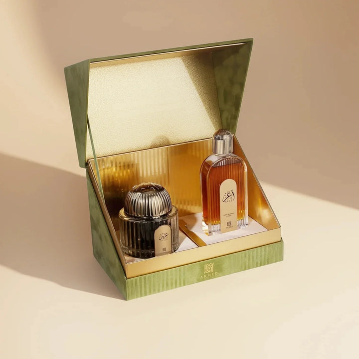 مجموعة هدايا عاز وعزيز الفاخرة من مغربي - مجموعة عطور للجنسين (عود عزيز 5TL ورذاذ عزاز 100مل)