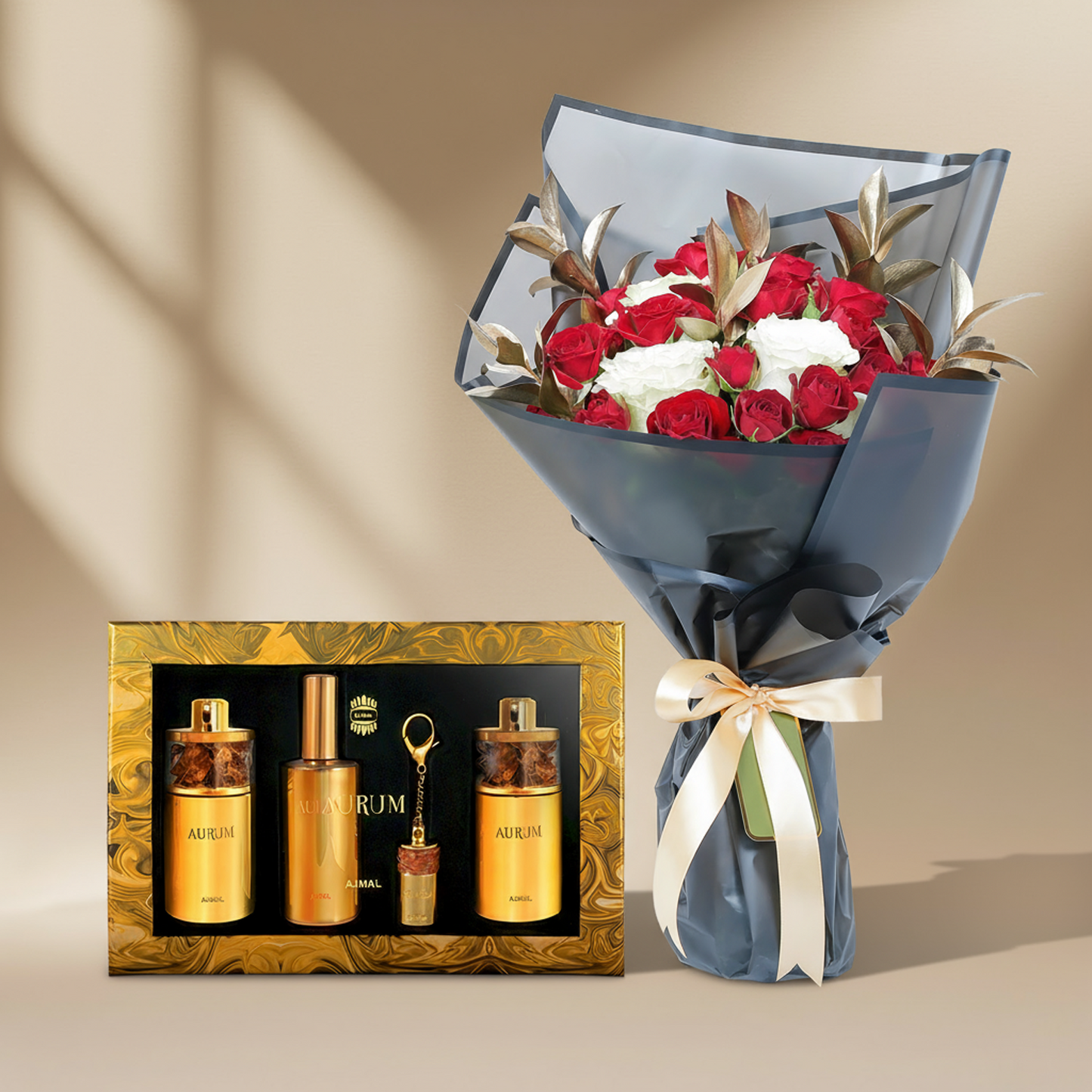 Ajmal Perfume | Luxurious Aurum Twin Gift Set & Elegant Rose Symphony Bouquet