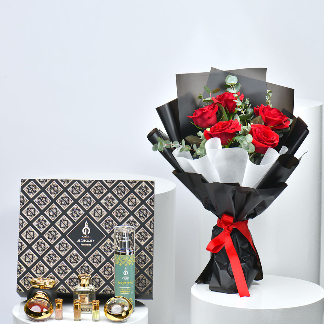Divine Gift Set: Luxurious Red Roses & Alghawaly Perfume Collection