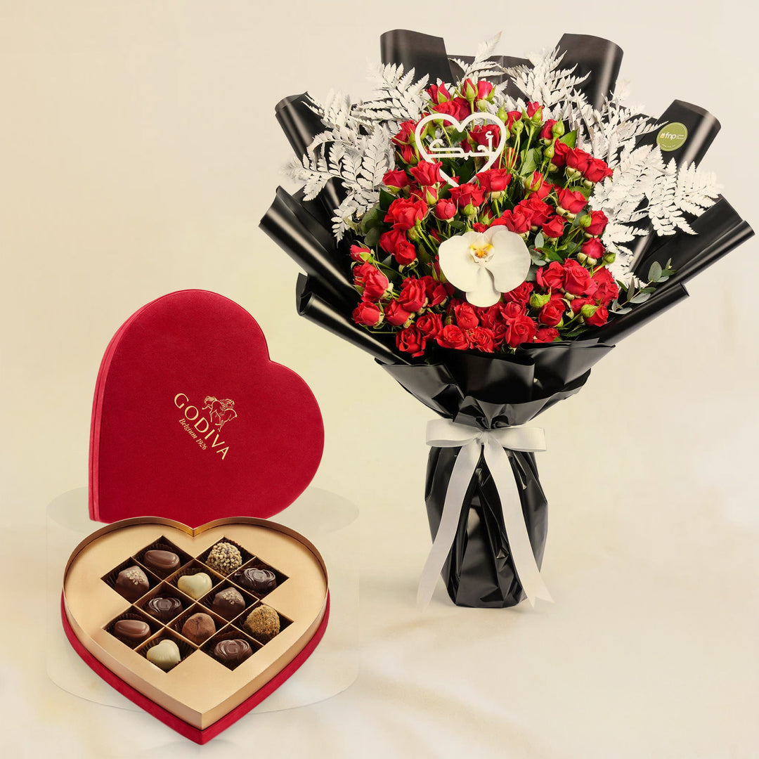 Godiva | Red Velvet Heart Gift Box - 12 Pieces & Sweet Cheeks Flowers Bouquet