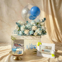 Welcome Baby Boy Celebration Set with Flowers, Cake & Balloons