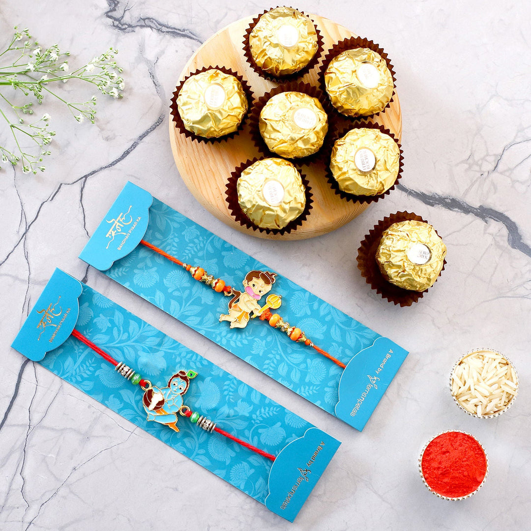 Bal Krishna And Bal Hanuman Rakhi Set With 3 Ferrero Rocher