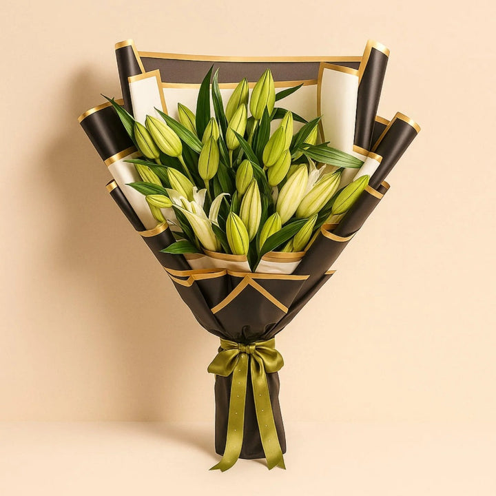 Elegant White Lily Bouquet with Black and White Wrap