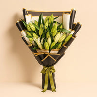 Elegant White Lily Bouquet with Black and White Wrap