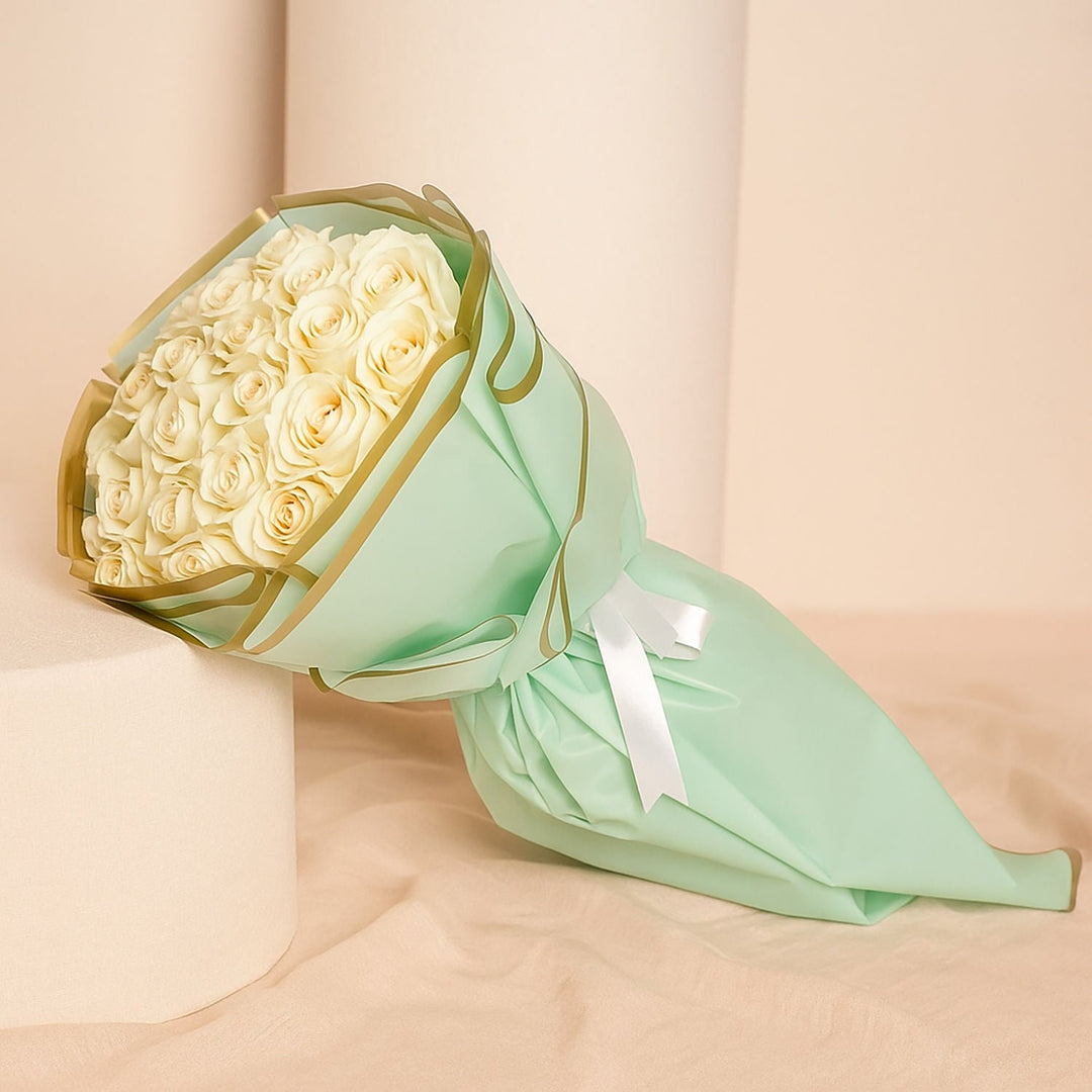 Elegant Bouquet of 30 White Roses with Pink Ribbon