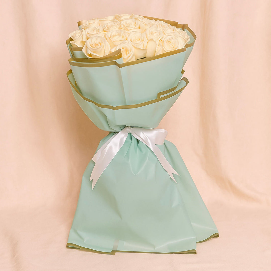 Elegant Bouquet of 30 White Roses with Pink Ribbon