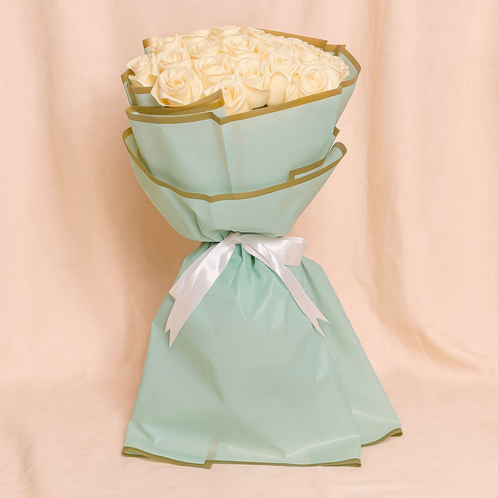Elegant Bouquet of 30 White Roses with Pink Ribbon