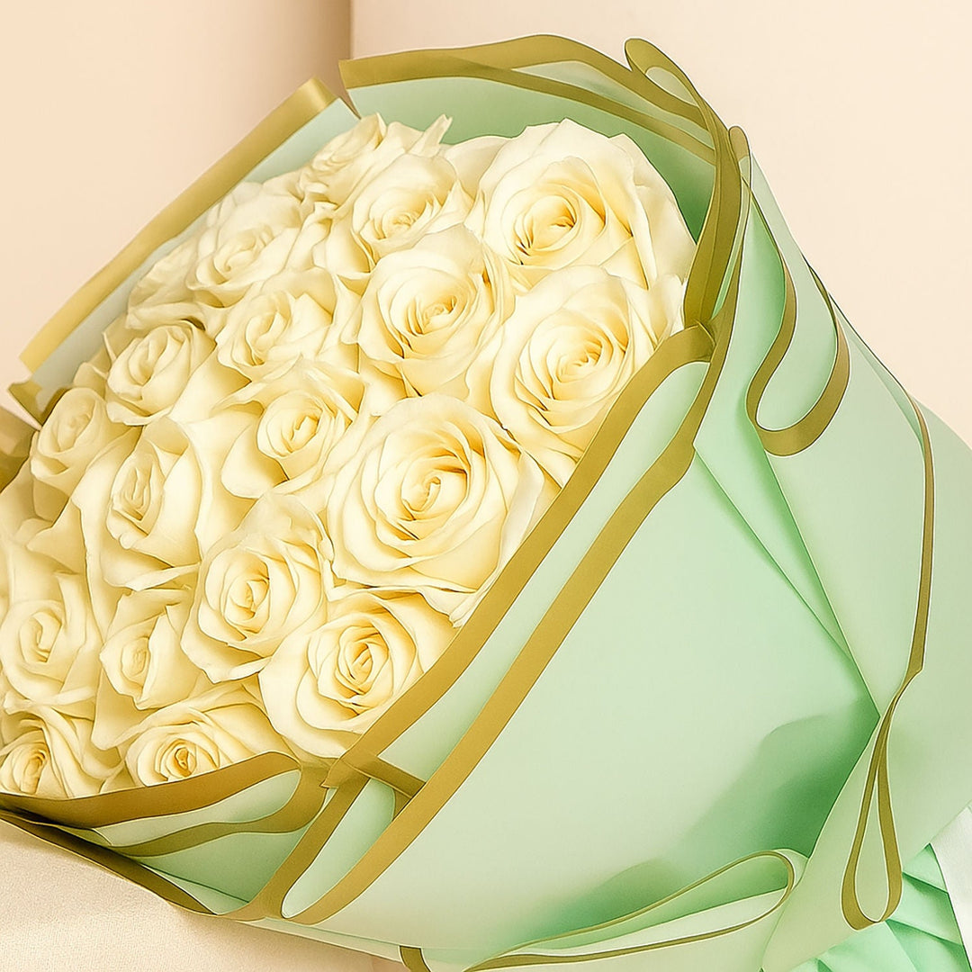 Elegant Bouquet of 30 White Roses with Pink Ribbon