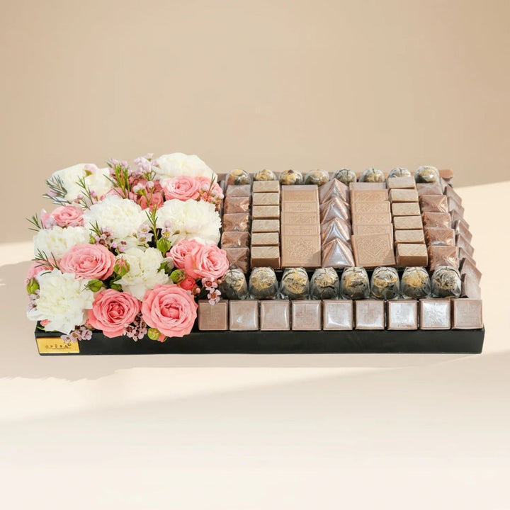 Luxurious Chocolate Tray with Pink Flowers by Opera Patisserie