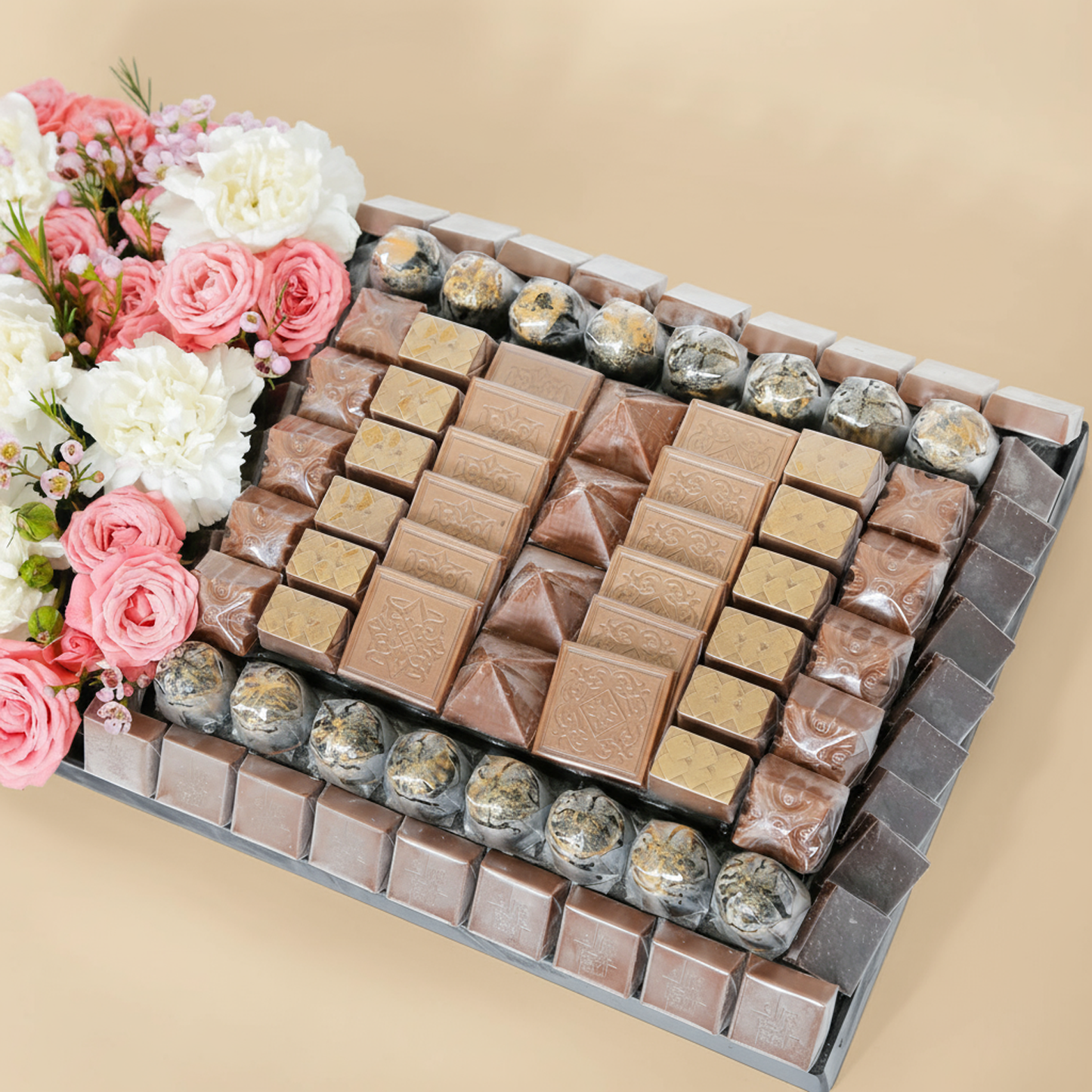 Luxurious Chocolate Tray with Pink Flowers by Opera Patisserie