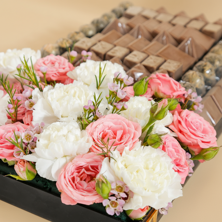 Luxurious Chocolate Tray with Pink Flowers by Opera Patisserie
