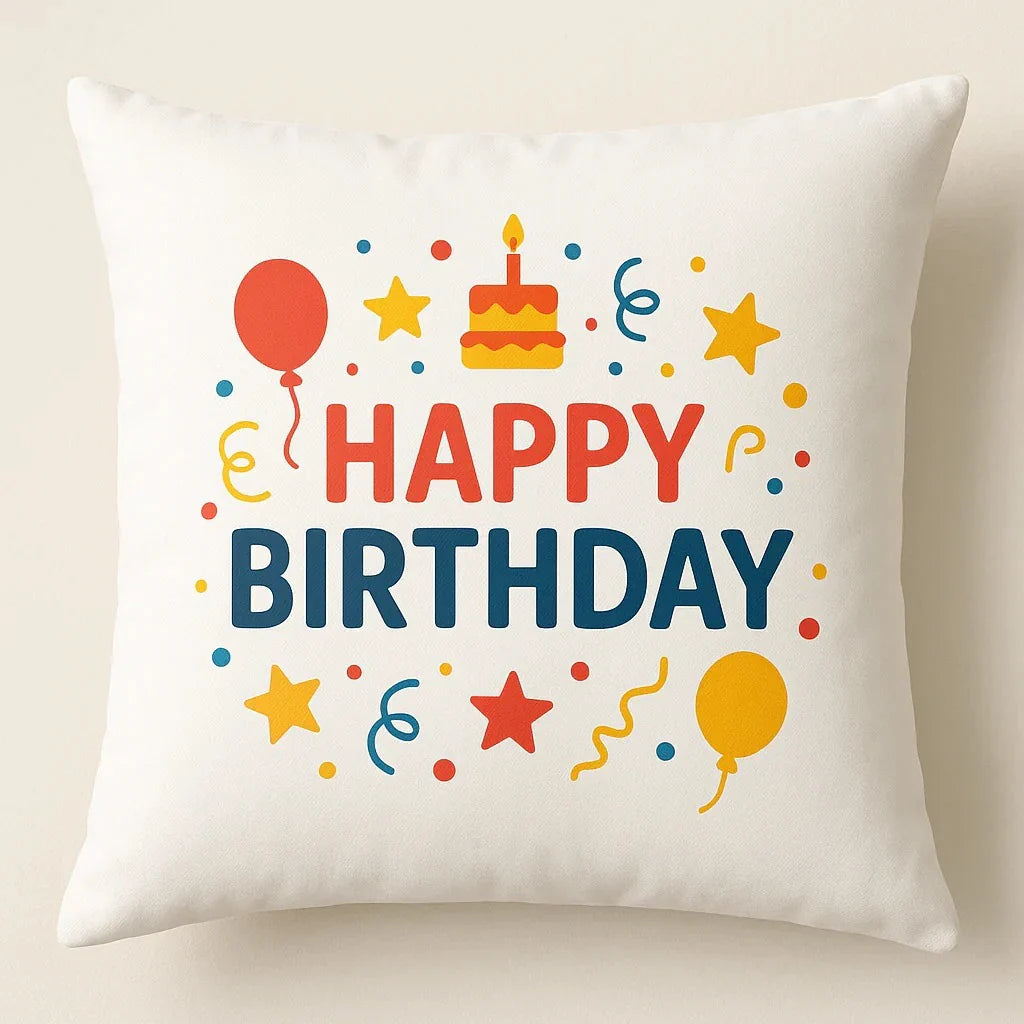 Festive Birthday Celebration Cushion with Colorful Design