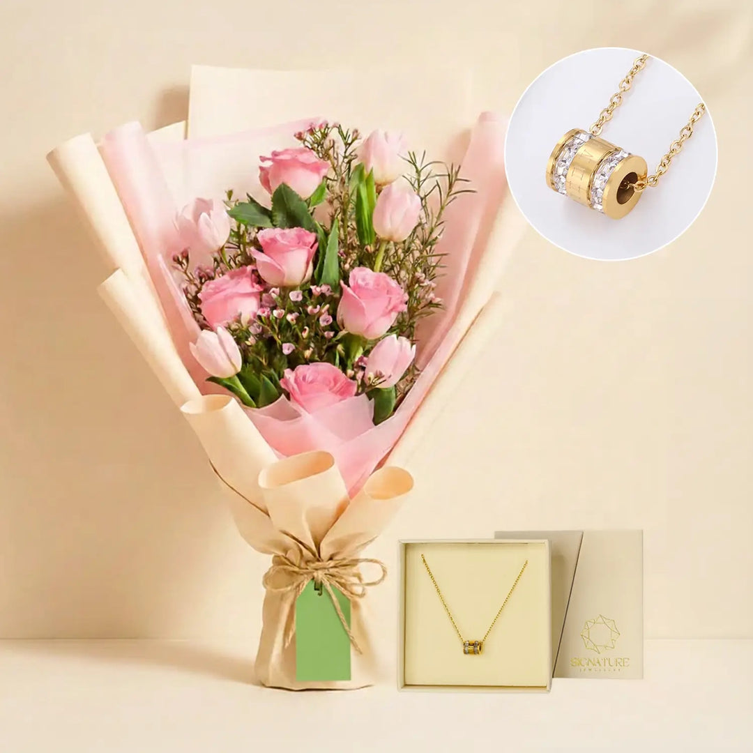 طقم هدية فاخر من الزهور والقلادة الذهبية لأم مميزة