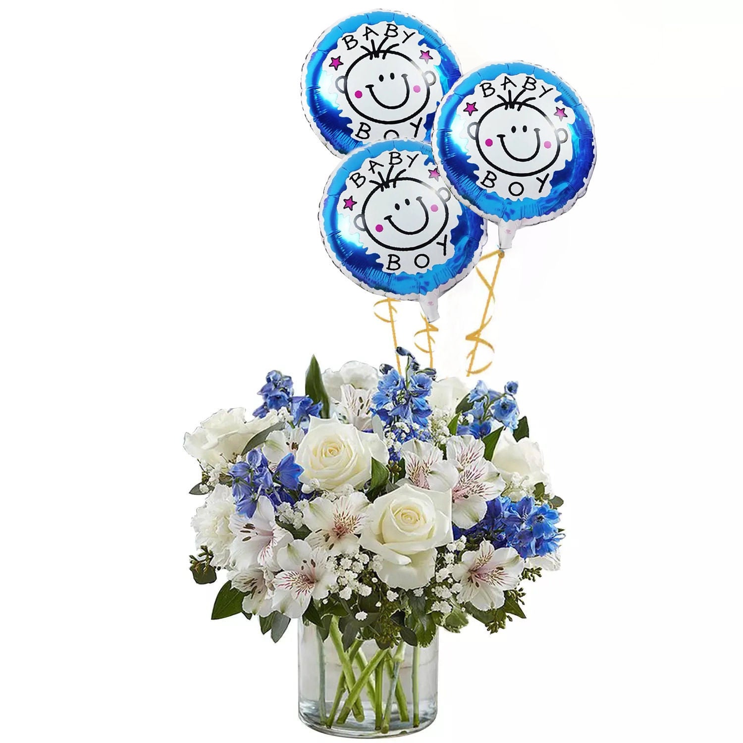 Blue and White Flower Arrangement With Balloons