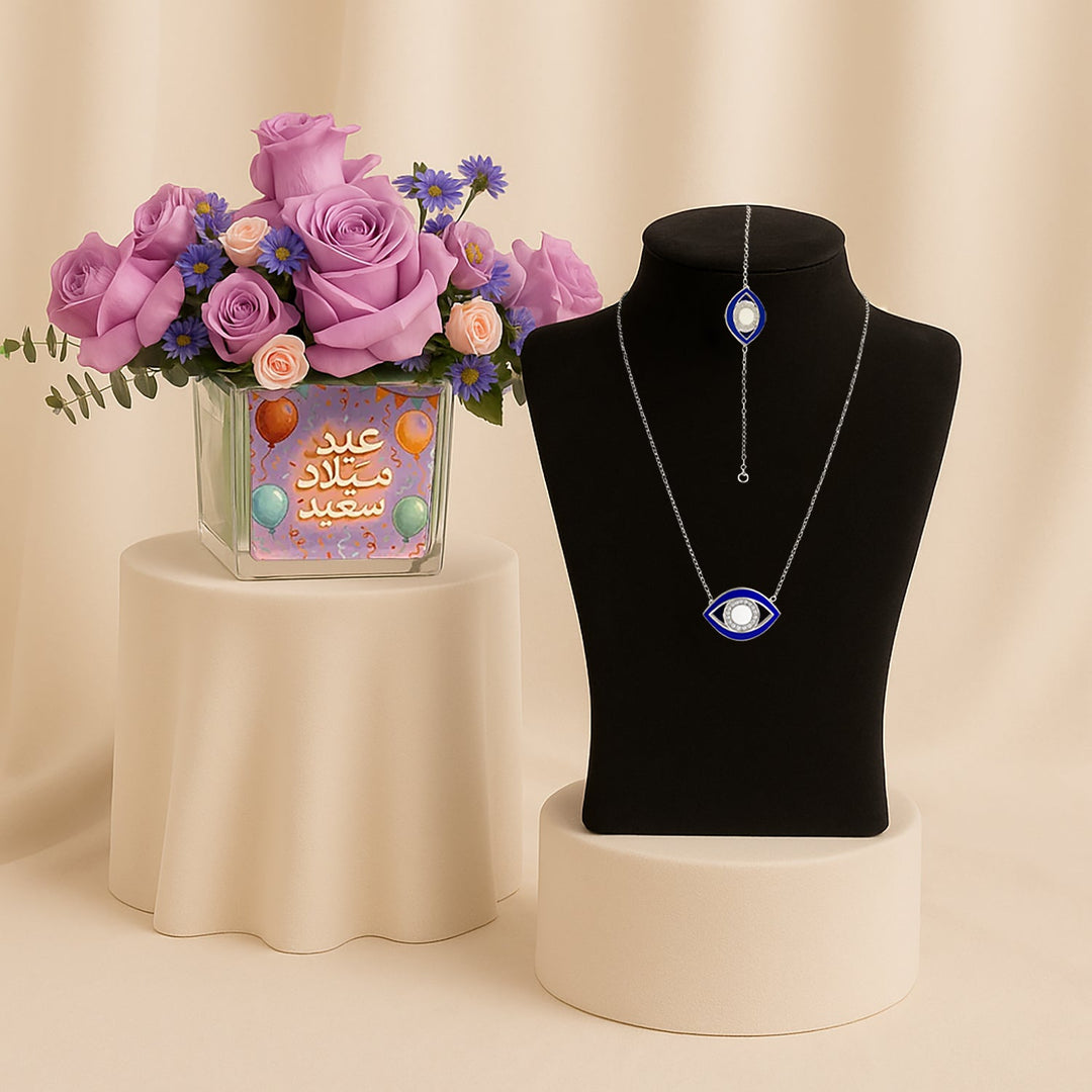 Elegant Blue Eye Guardian Necklace Set with Luxurious Purple Roses Arrangement