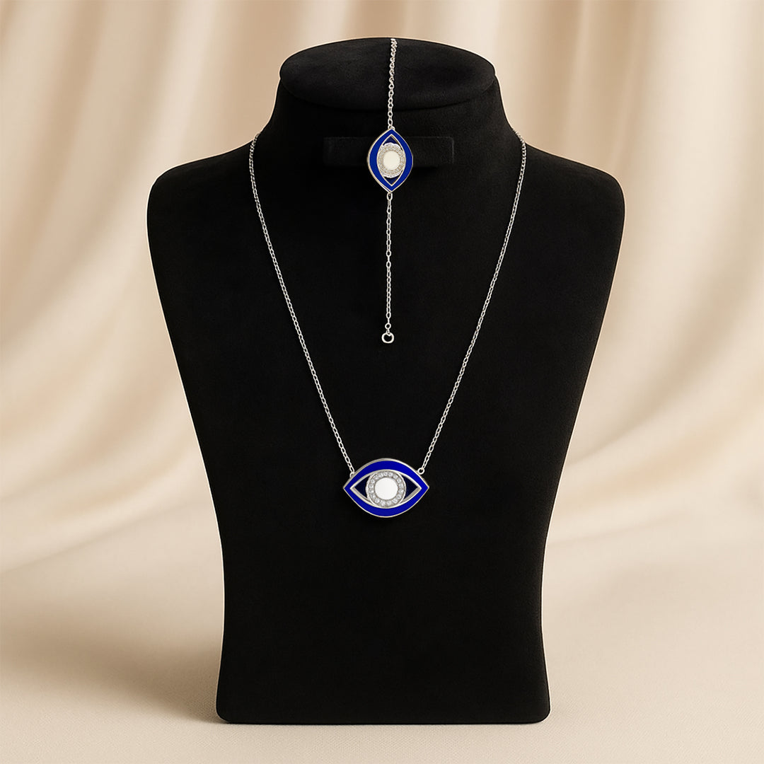 Elegant Blue Eye Guardian Necklace Set with Luxurious Purple Roses Arrangement