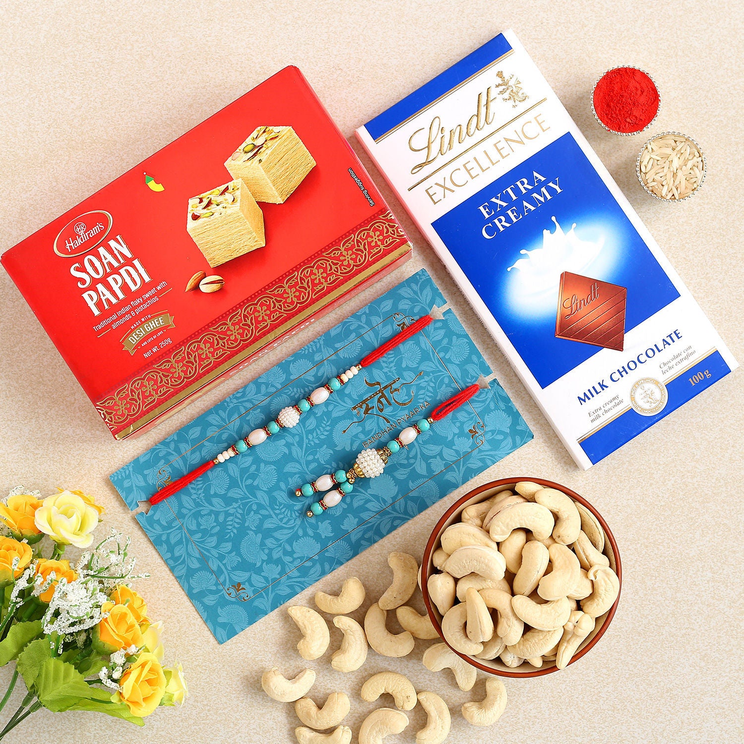 Blue Lumba Rakhi Set And Soan Papdi Hamper