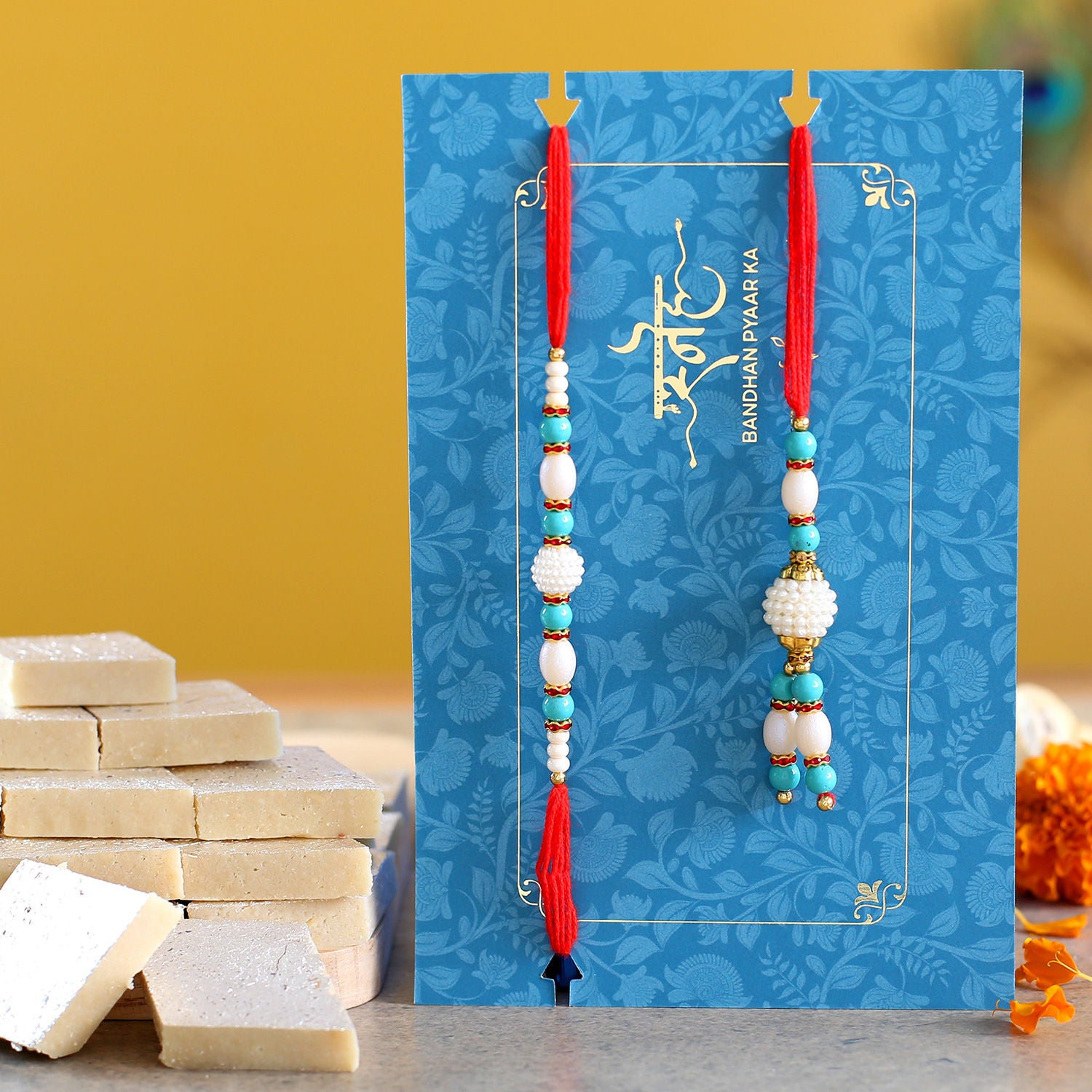 Blue Pearl And Lumba Rakhi Set With 340 Gms Kaju Katli
