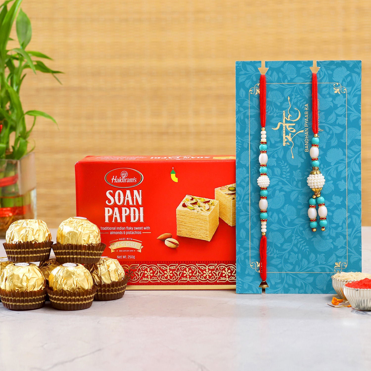 Blue Pearl Lumba Rakhi Set And Soan Papdi With Ferrero Rocher