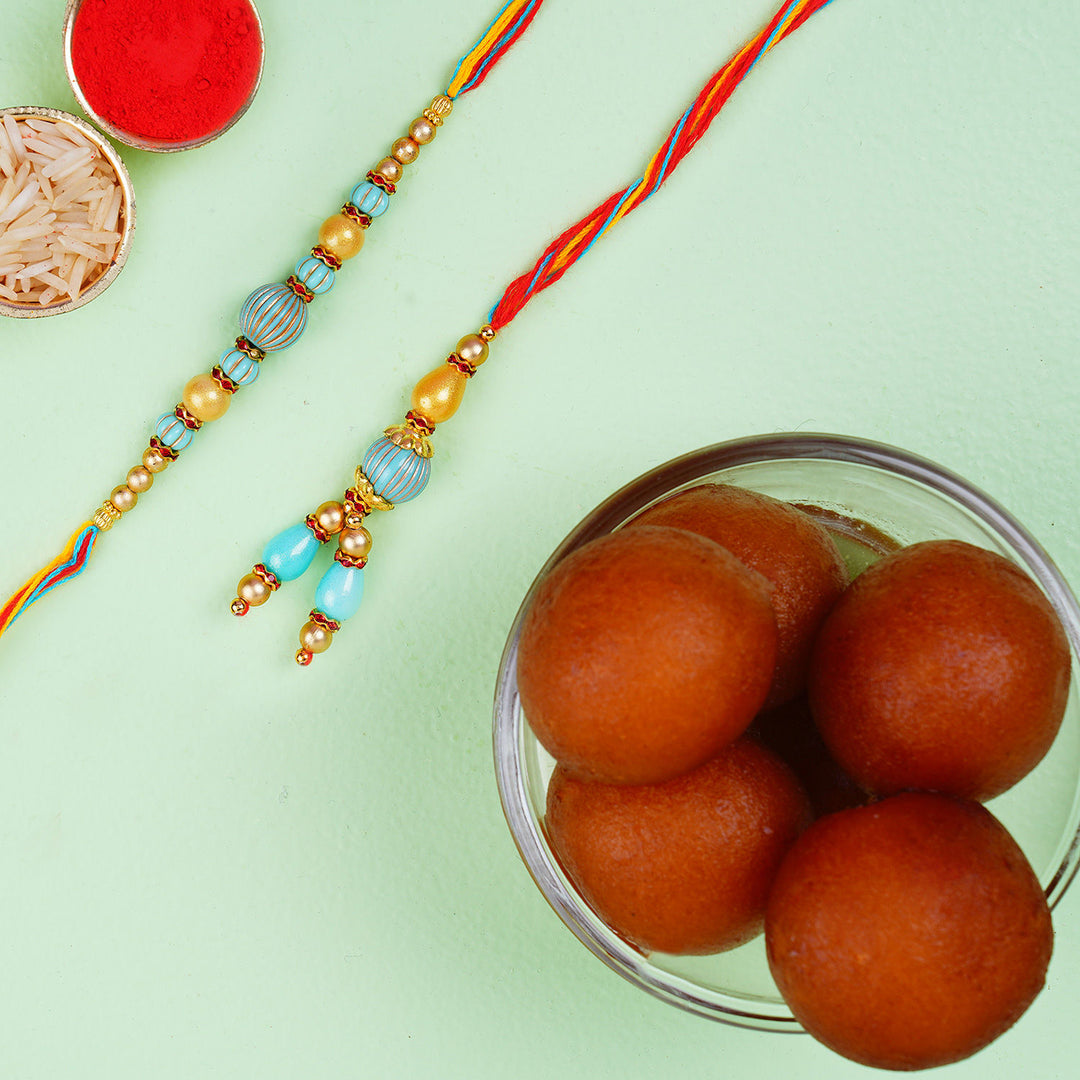 مجموعة راخي بلو ستون بهايا بهابهي مع علبة جلاب جامون من هالدرام