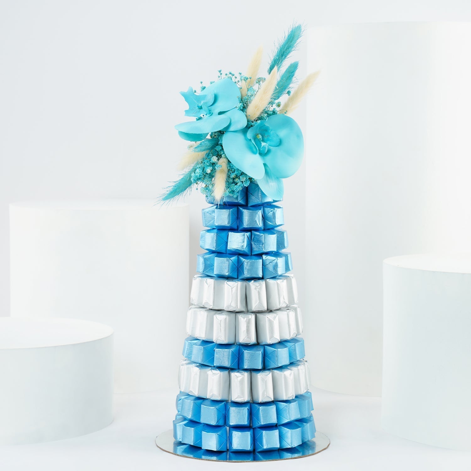 Blue & White Chocolates n Flowers Fountain