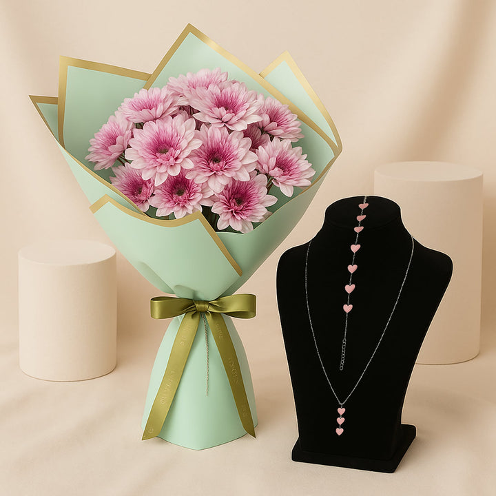 Blush Hearts Necklace Set With Bouquet