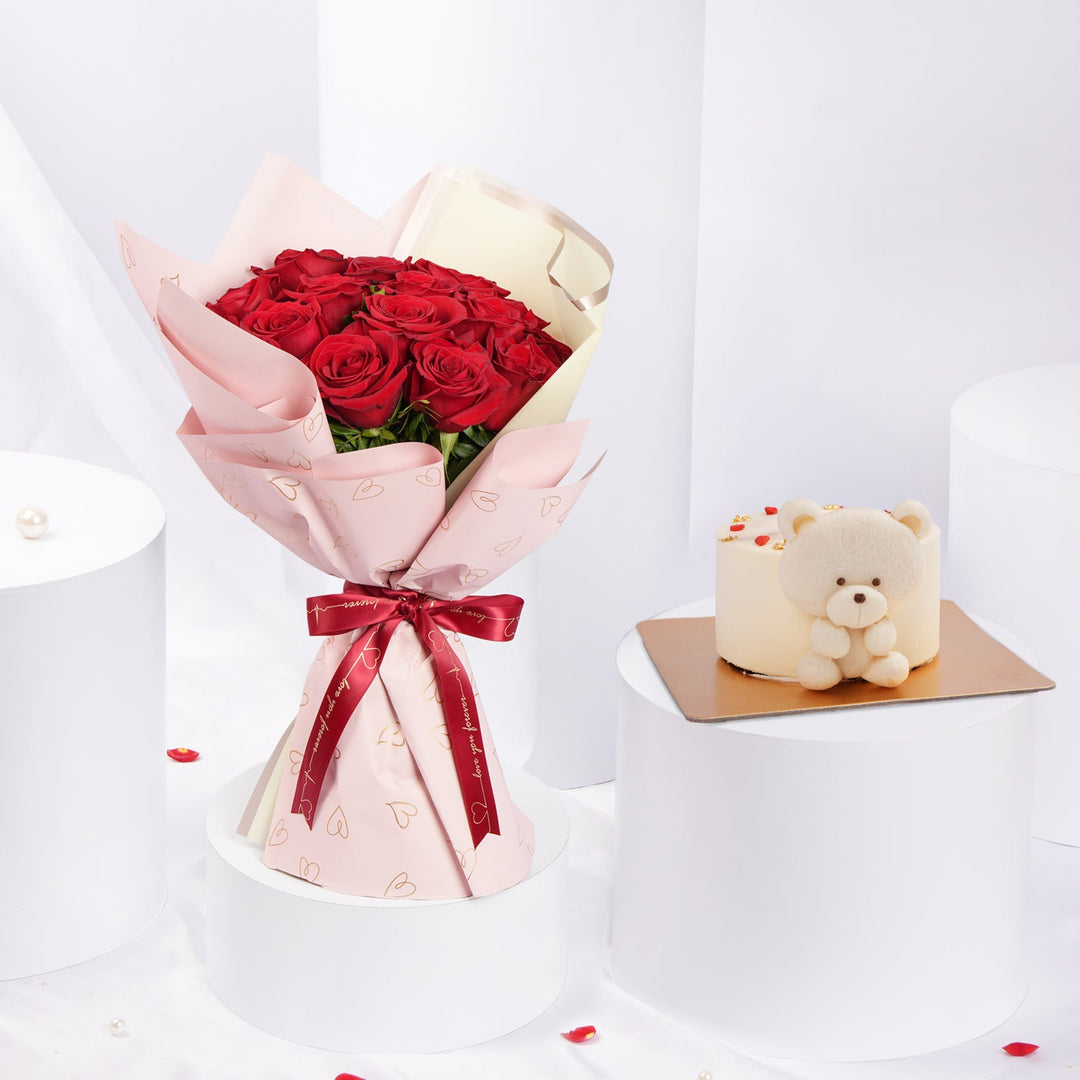 Elegant Passion Bouquet with Chocolate Mono Cake - 200gm Delight