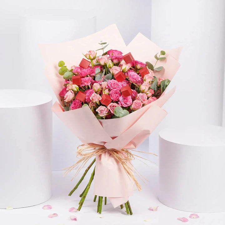 Blushing Pink Spray Rose Bouquet with Gourmet Chocolates