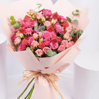 Blushing Pink Spray Rose Bouquet with Gourmet Chocolates