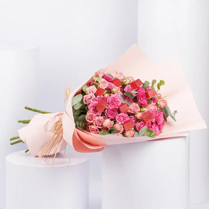 Blushing Pink Spray Rose Bouquet with Gourmet Chocolates