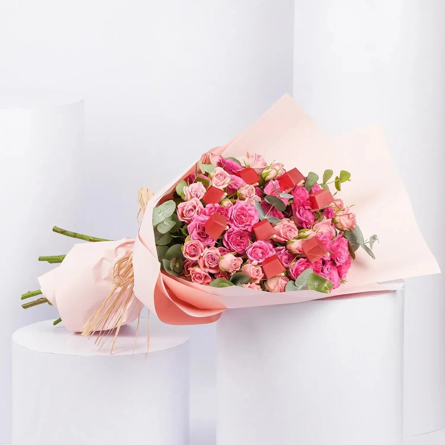 Blushing Pink Spray Rose Bouquet with Gourmet Chocolates