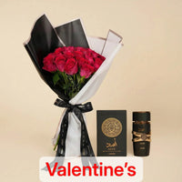 Midnight Romance: 18 Dark Pink Roses with Lattafa Asad Perfume